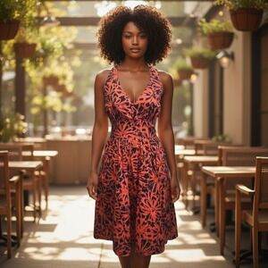 ModCloth‎ Navy & Orange Floral Halter Dress Retro Pinup Fit and Flare NWT